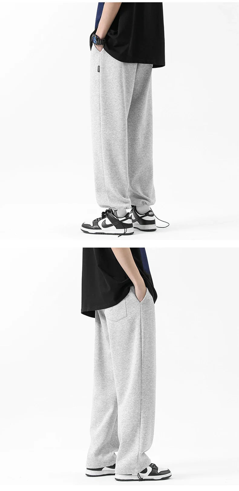 Drawstring Ankle-tied Loose Straight Sweatpants in light gray, black, and flower white colors