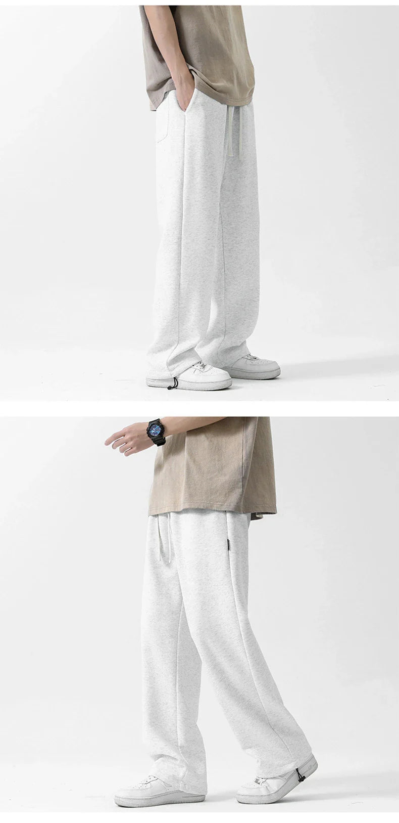 Drawstring Ankle-tied Loose Straight Sweatpants in light gray, black, and flower white colors