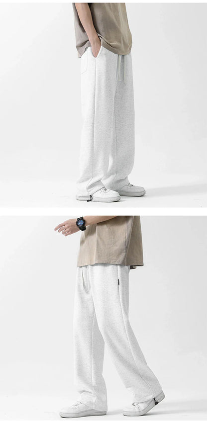 Drawstring Ankle-tied Loose Straight Sweatpants in light gray, black, and flower white colors