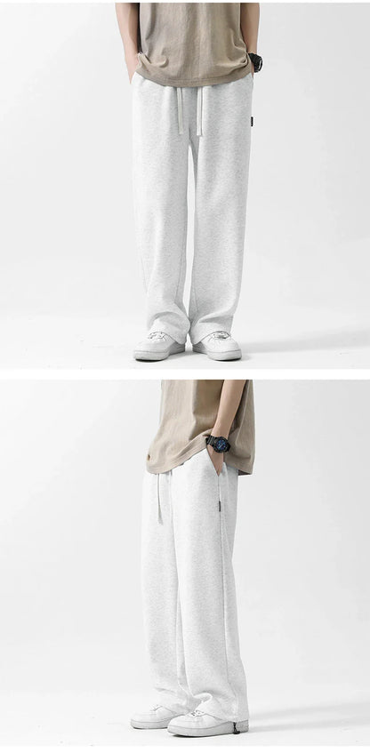 Drawstring Ankle-tied Loose Straight Sweatpants in light gray, black, and flower white colors
