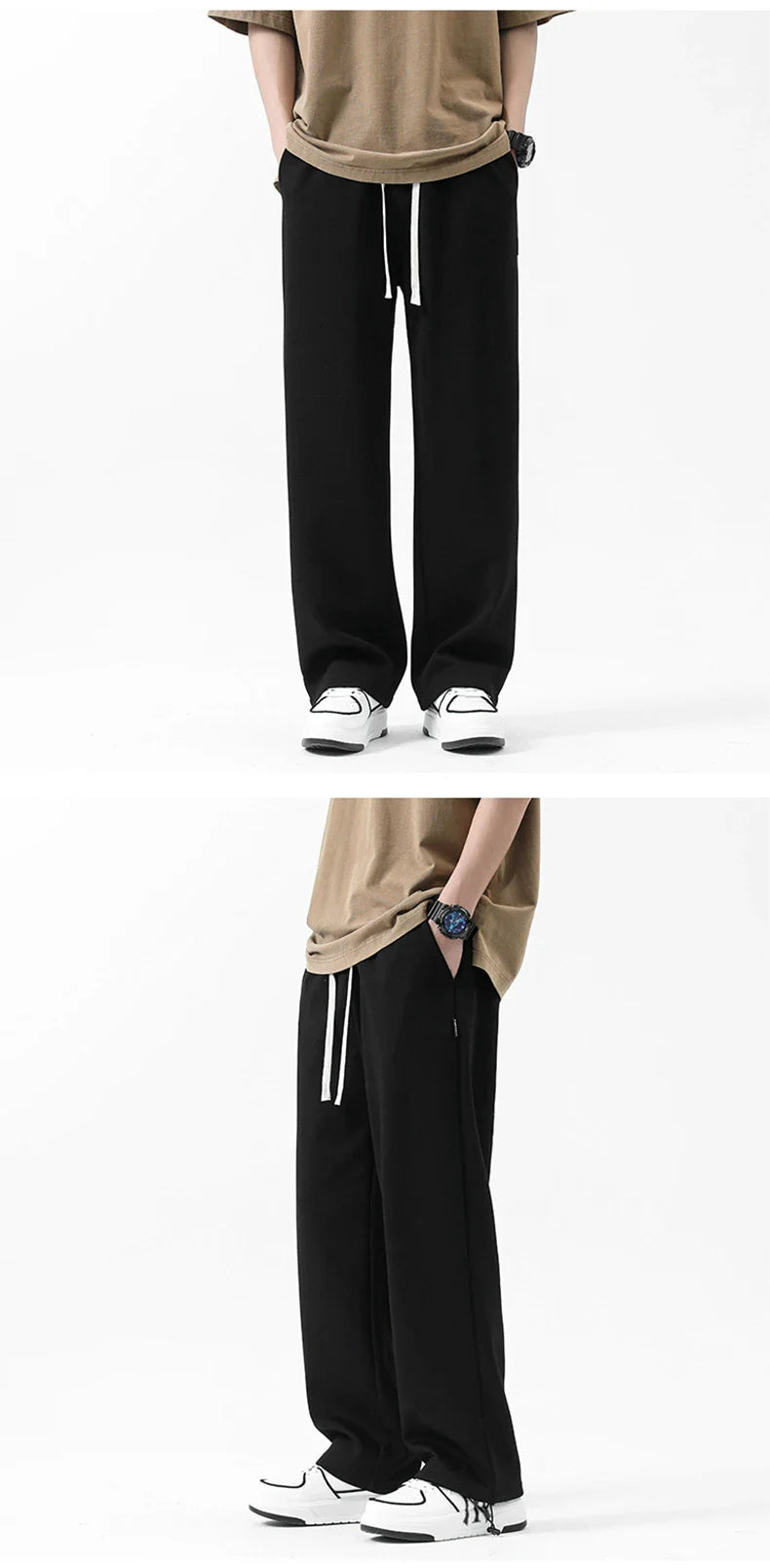 Drawstring Ankle-tied Loose Straight Sweatpants in light gray, black, and flower white colors