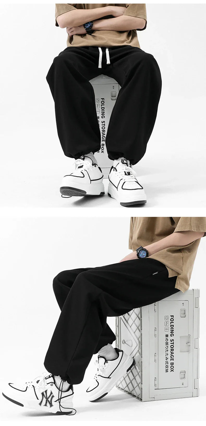 Drawstring Ankle-tied Loose Straight Sweatpants in light gray, black, and flower white colors