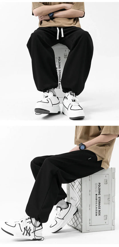 Drawstring Ankle-tied Loose Straight Sweatpants in light gray, black, and flower white colors