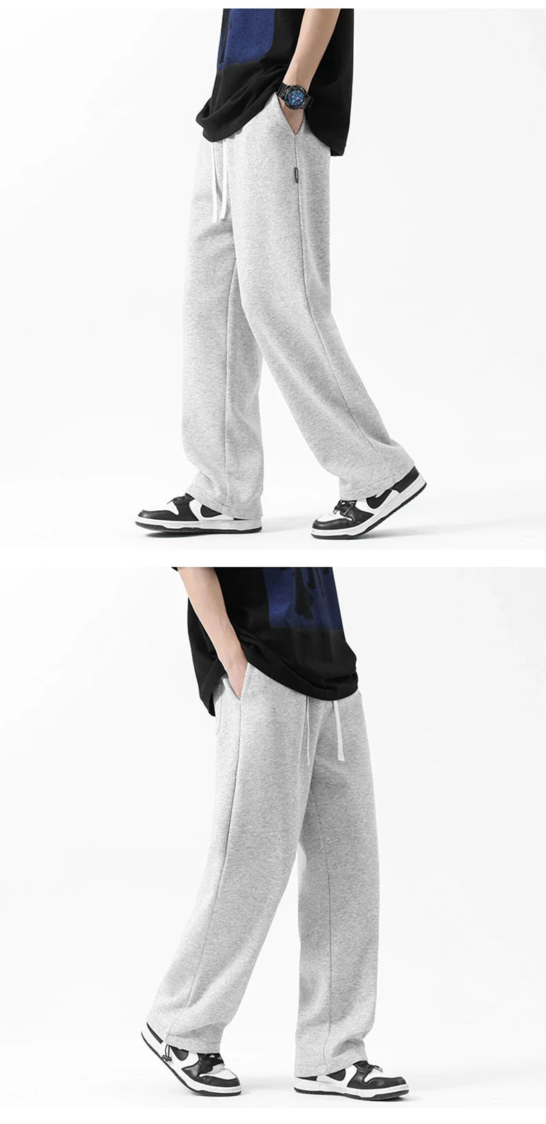 Drawstring Ankle-tied Loose Straight Sweatpants in light gray, black, and flower white colors