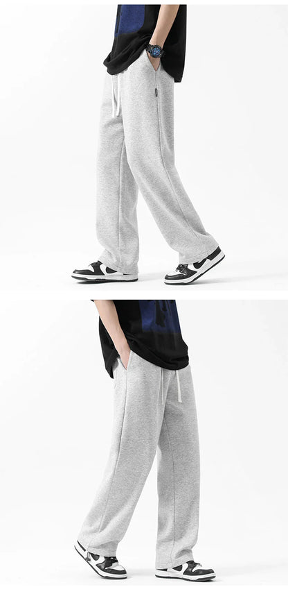 Drawstring Ankle-tied Loose Straight Sweatpants in light gray, black, and flower white colors