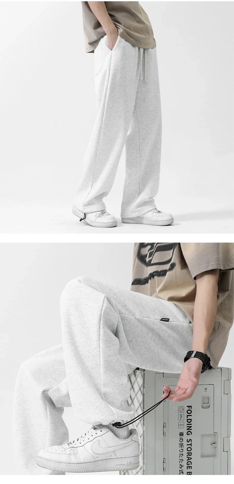 Drawstring Ankle-tied Loose Straight Sweatpants in light gray, black, and flower white colors