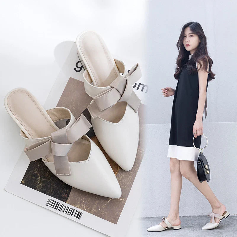 Bow Knot Half Slippers in Beige with Pointed Thick Heel, Made of Premium Leather for Comfortable and Stylish Casual Wear