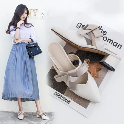 Bow Knot Half Slippers in Beige with Pointed Thick Heel, Made of Premium Leather for Comfortable and Stylish Casual Wear