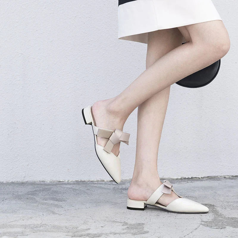 Bow Knot Half Slippers in Beige with Pointed Thick Heel, Made of Premium Leather for Comfortable and Stylish Casual Wear
