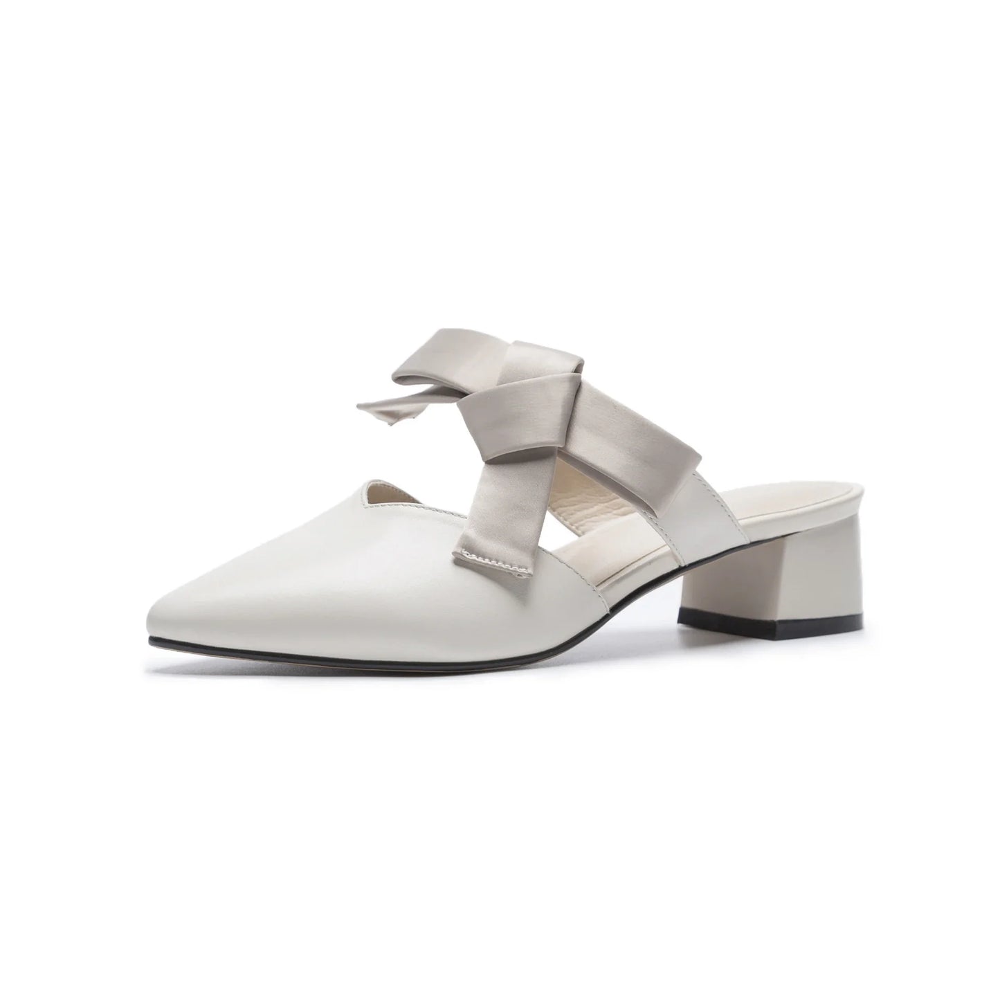 Bow Knot Half Slippers in Beige with Pointed Thick Heel, Made of Premium Leather for Comfortable and Stylish Casual Wear