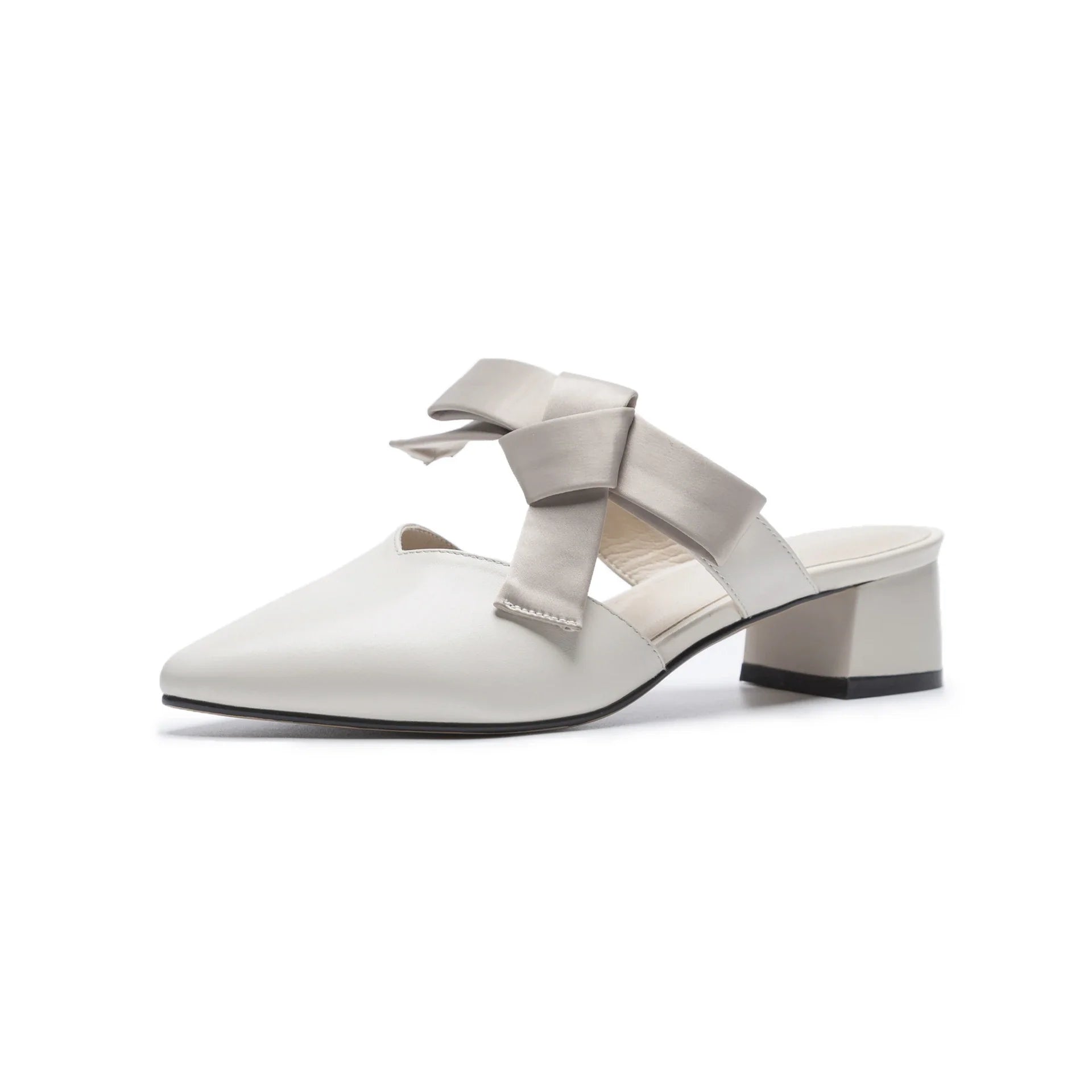 Bow Knot Half Slippers in Beige with Pointed Thick Heel, Made of Premium Leather for Comfortable and Stylish Casual Wear