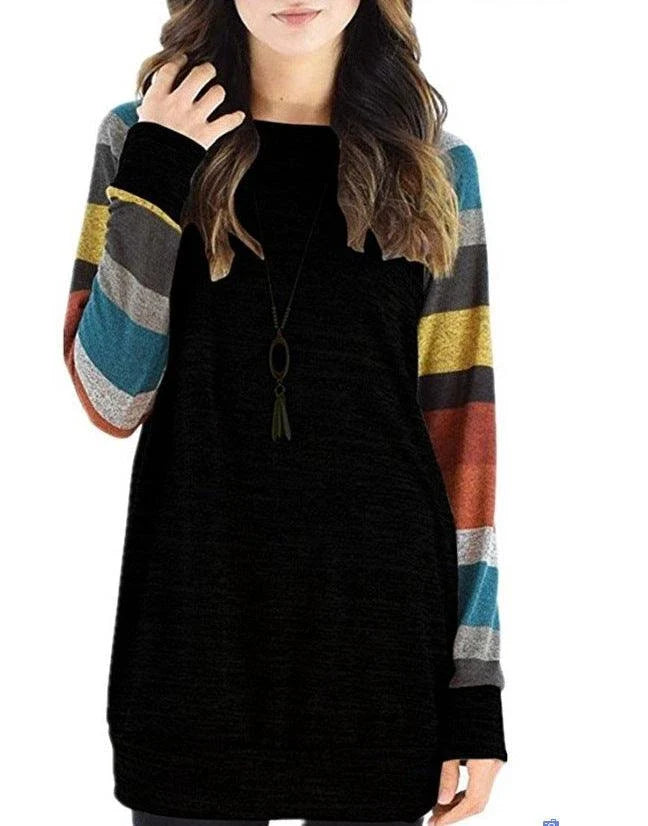 Elegant long-sleeved cotton blend dress in black and blue colors, featuring a flattering silhouette and versatile design.
