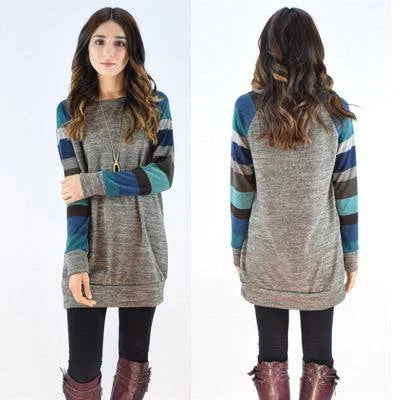 Elegant long-sleeved cotton blend dress in black and blue colors, featuring a flattering silhouette and versatile design.