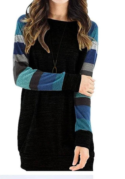 Elegant long-sleeved cotton blend dress in black and blue colors, featuring a flattering silhouette and versatile design.