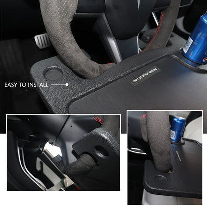 Car Travel Eating Table Laptop Desk for Tesla Model 3, X, S, Y - Secure steering wheel mount, integrated cup holder, durable ABS construction