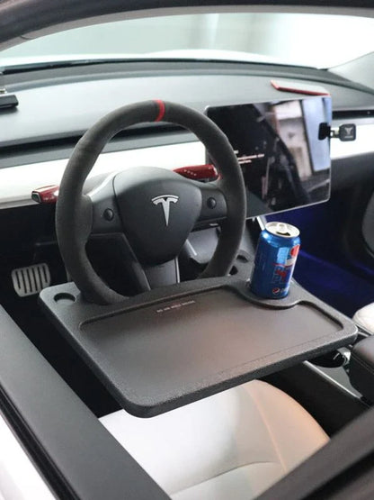 Car Travel Eating Table Laptop Desk for Tesla Model 3, X, S, Y - Secure steering wheel mount, integrated cup holder, durable ABS construction