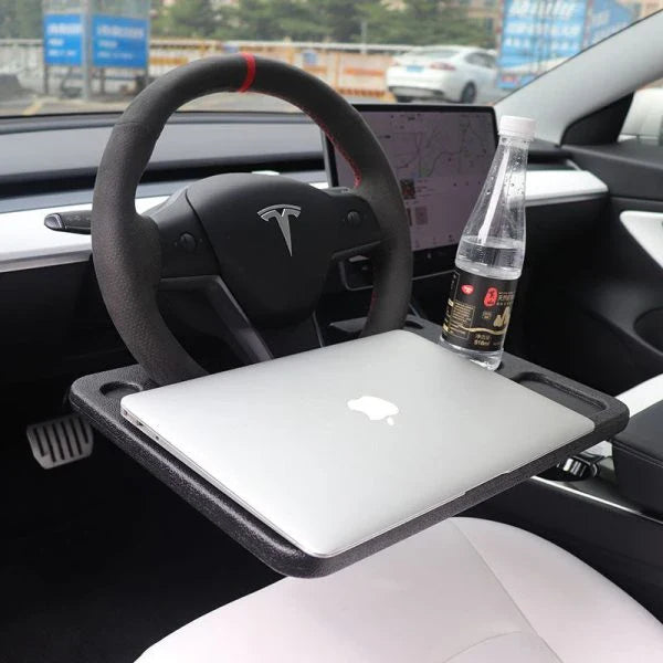 Car Travel Eating Table Laptop Desk for Tesla Model 3, X, S, Y - Secure steering wheel mount, integrated cup holder, durable ABS construction