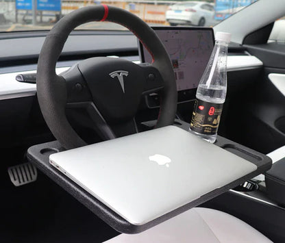 Car Travel Eating Table Laptop Desk for Tesla Model 3, X, S, Y - Secure steering wheel mount, integrated cup holder, durable ABS construction