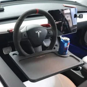 Car Travel Eating Table Laptop Desk for Tesla Model 3, X, S, Y - Secure steering wheel mount, integrated cup holder, durable ABS construction