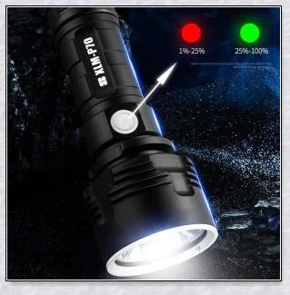 Ultra-bright Shadowhawk Flashlight with 90,000 lumens of power, aviation-grade aluminum alloy construction, and adjustable brightness settings for outdoor activities and emergency use.