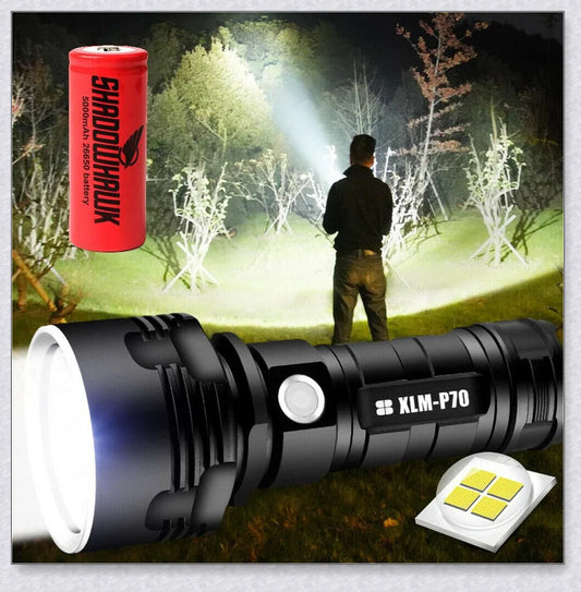 Ultra-bright Shadowhawk Flashlight with 90,000 lumens of power, aviation-grade aluminum alloy construction, and adjustable brightness settings for outdoor activities and emergency use.