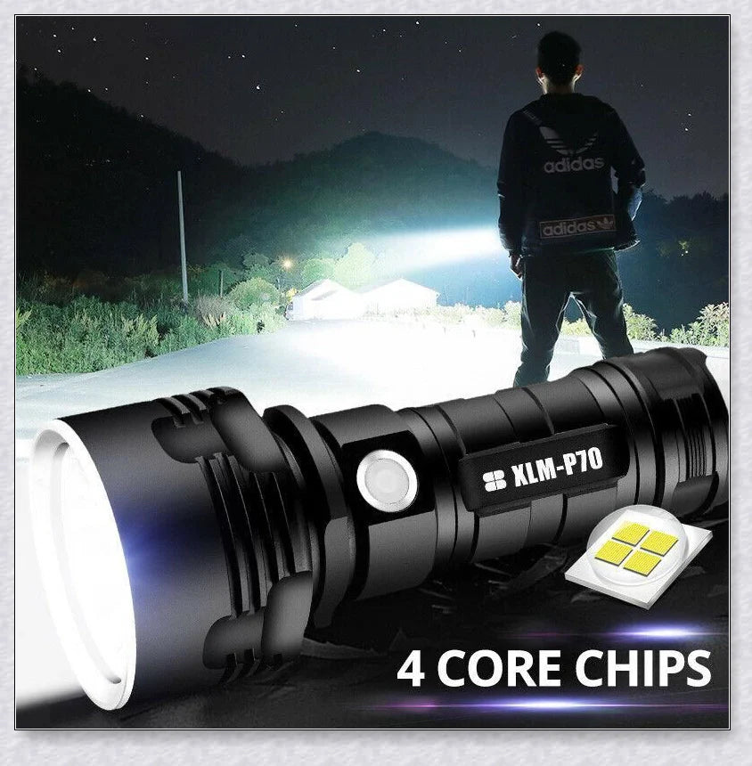 Ultra-bright Shadowhawk Flashlight with 90,000 lumens of power, aviation-grade aluminum alloy construction, and adjustable brightness settings for outdoor activities and emergency use.
