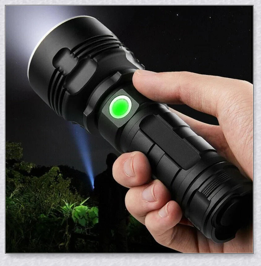 Ultra-bright Shadowhawk Flashlight with 90,000 lumens of power, aviation-grade aluminum alloy construction, and adjustable brightness settings for outdoor activities and emergency use.