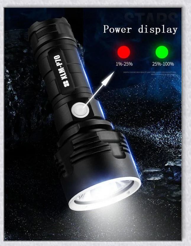 Ultra-bright Shadowhawk Flashlight with 90,000 lumens of power, aviation-grade aluminum alloy construction, and adjustable brightness settings for outdoor activities and emergency use.