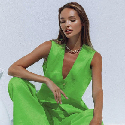 Elegant cotton linen vest outfit with high waist wide trousers in black color