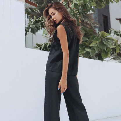 Elegant cotton linen vest outfit with high waist wide trousers in black color