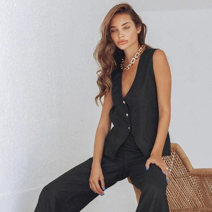 Elegant cotton linen vest outfit with high waist wide trousers in black color