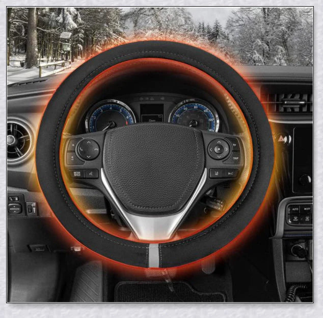 Plush, heated steering wheel cover providing warmth and comfort for cold weather driving