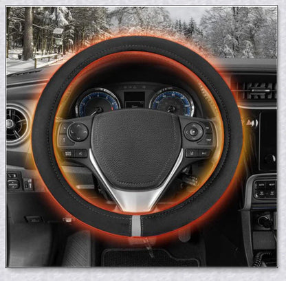 Plush, heated steering wheel cover providing warmth and comfort for cold weather driving