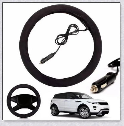 Plush, heated steering wheel cover providing warmth and comfort for cold weather driving