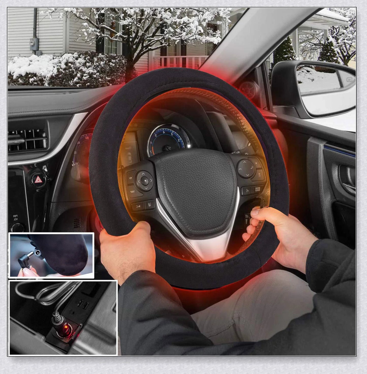 Plush, heated steering wheel cover providing warmth and comfort for cold weather driving