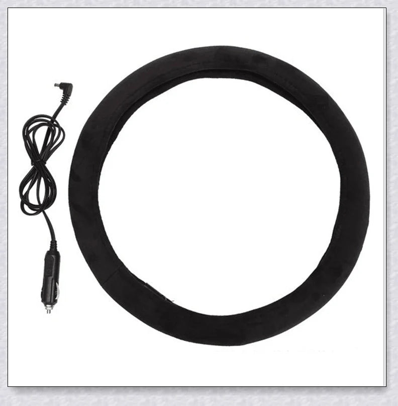 Plush, heated steering wheel cover providing warmth and comfort for cold weather driving