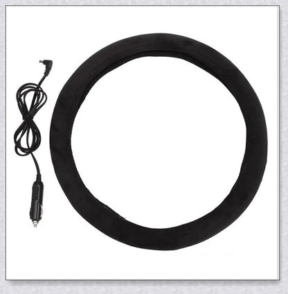 Plush, heated steering wheel cover providing warmth and comfort for cold weather driving