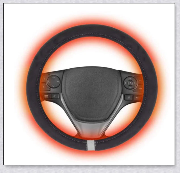 Plush, heated steering wheel cover providing warmth and comfort for cold weather driving