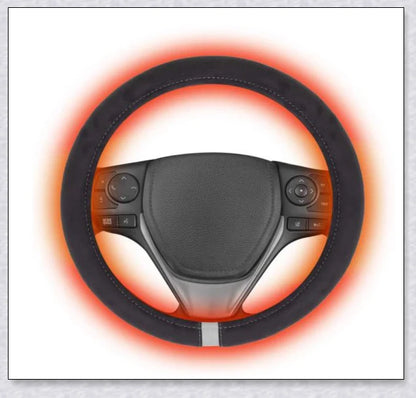 Plush, heated steering wheel cover providing warmth and comfort for cold weather driving
