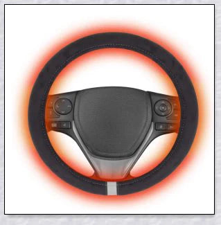 Plush, heated steering wheel cover providing warmth and comfort for cold weather driving