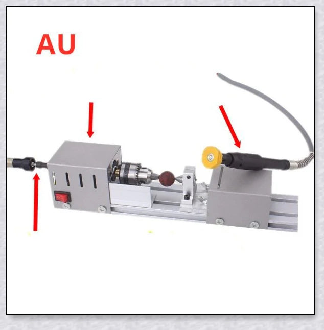 A compact, powerful mini woodworking lathe with a sleek silver design and various accessories for creating intricate wood carvings and projects.