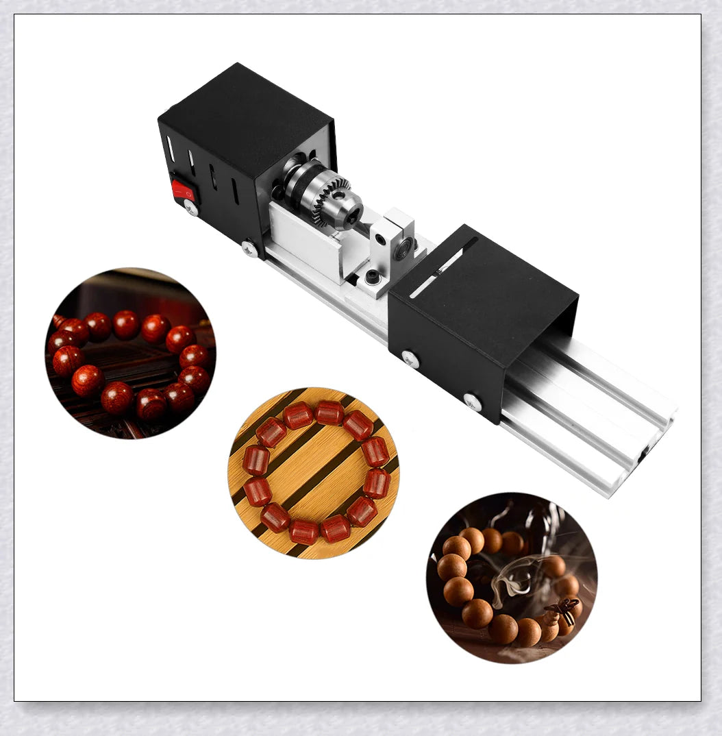 A compact, powerful mini woodworking lathe with a sleek silver design and various accessories for creating intricate wood carvings and projects.