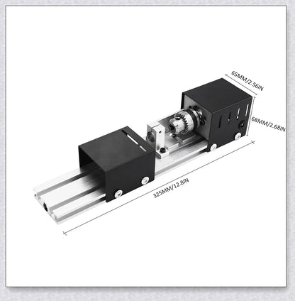 A compact, powerful mini woodworking lathe with a sleek silver design and various accessories for creating intricate wood carvings and projects.