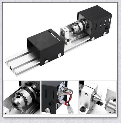 A compact, powerful mini woodworking lathe with a sleek silver design and various accessories for creating intricate wood carvings and projects.