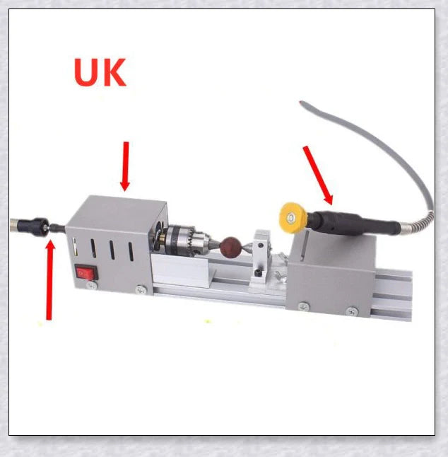 A compact, powerful mini woodworking lathe with a sleek silver design and various accessories for creating intricate wood carvings and projects.