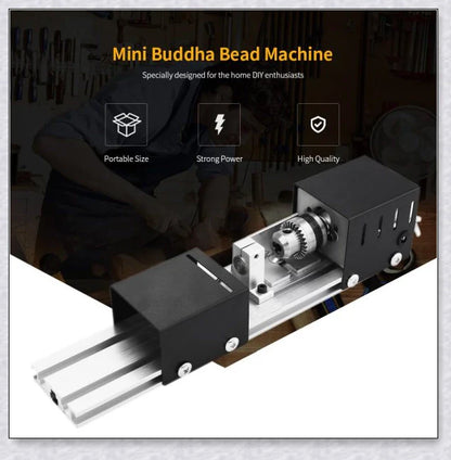 A compact, powerful mini woodworking lathe with a sleek silver design and various accessories for creating intricate wood carvings and projects.