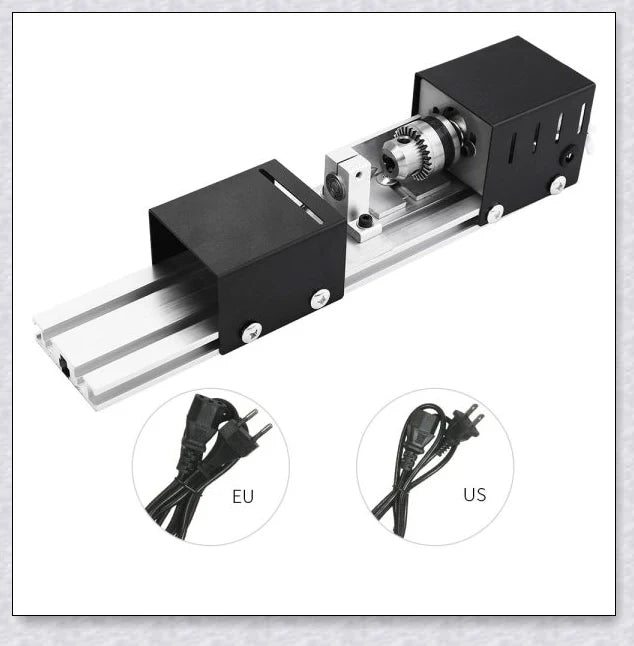 A compact, powerful mini woodworking lathe with a sleek silver design and various accessories for creating intricate wood carvings and projects.