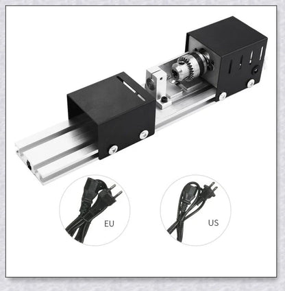 A compact, powerful mini woodworking lathe with a sleek silver design and various accessories for creating intricate wood carvings and projects.