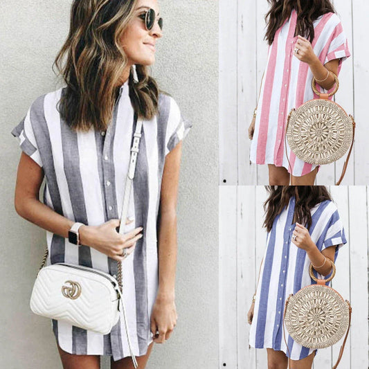 Casual striped loose short sleeve shirt dress in pink and blue colors