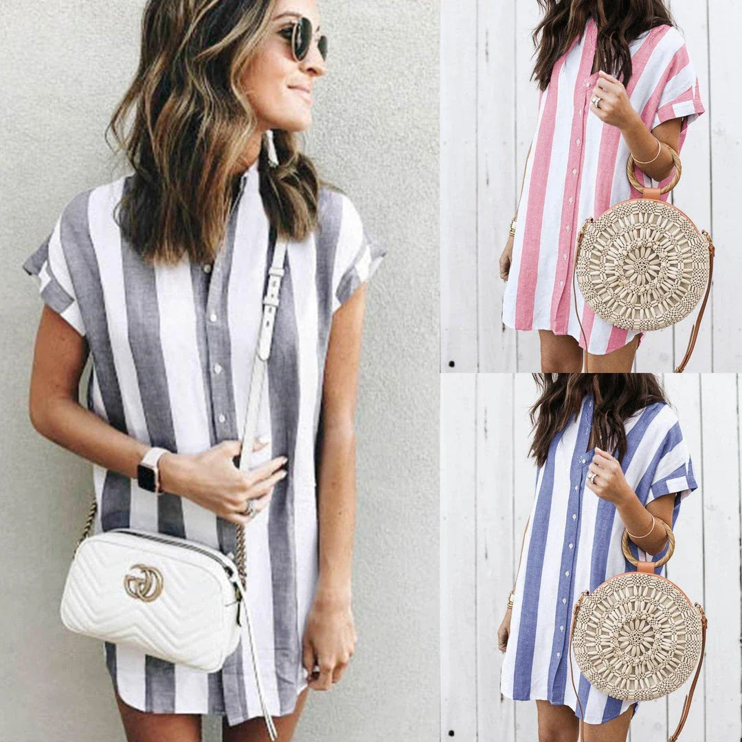 Casual striped loose short sleeve shirt dress in pink and blue colors